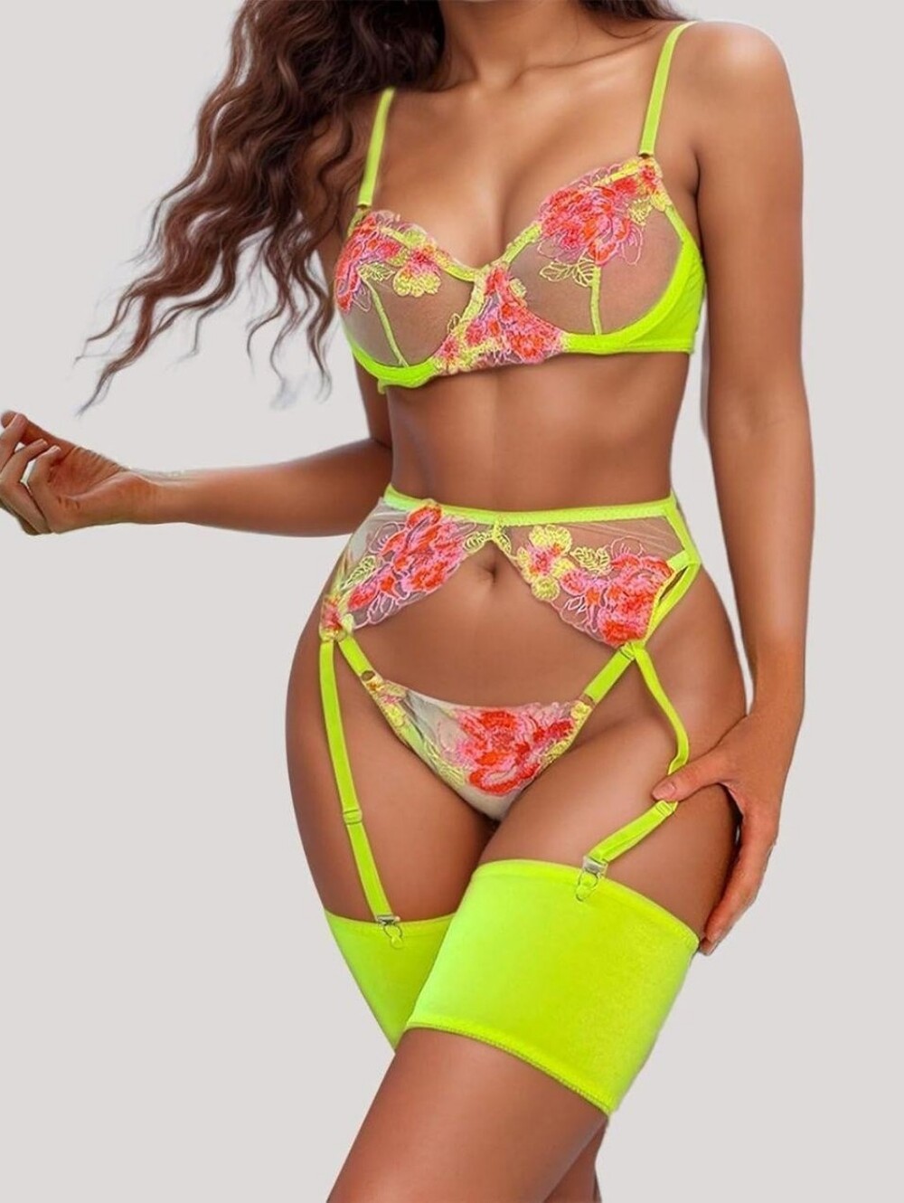 Neon Green Sheer Mesh Floral Embroidered Lingerie Set Garter Thong Size M